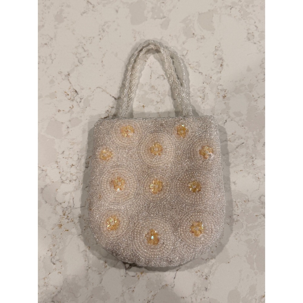 Evening‎ Treasures Beaded Mini Tote Bag Iridescent White Yellow Floral Sequin